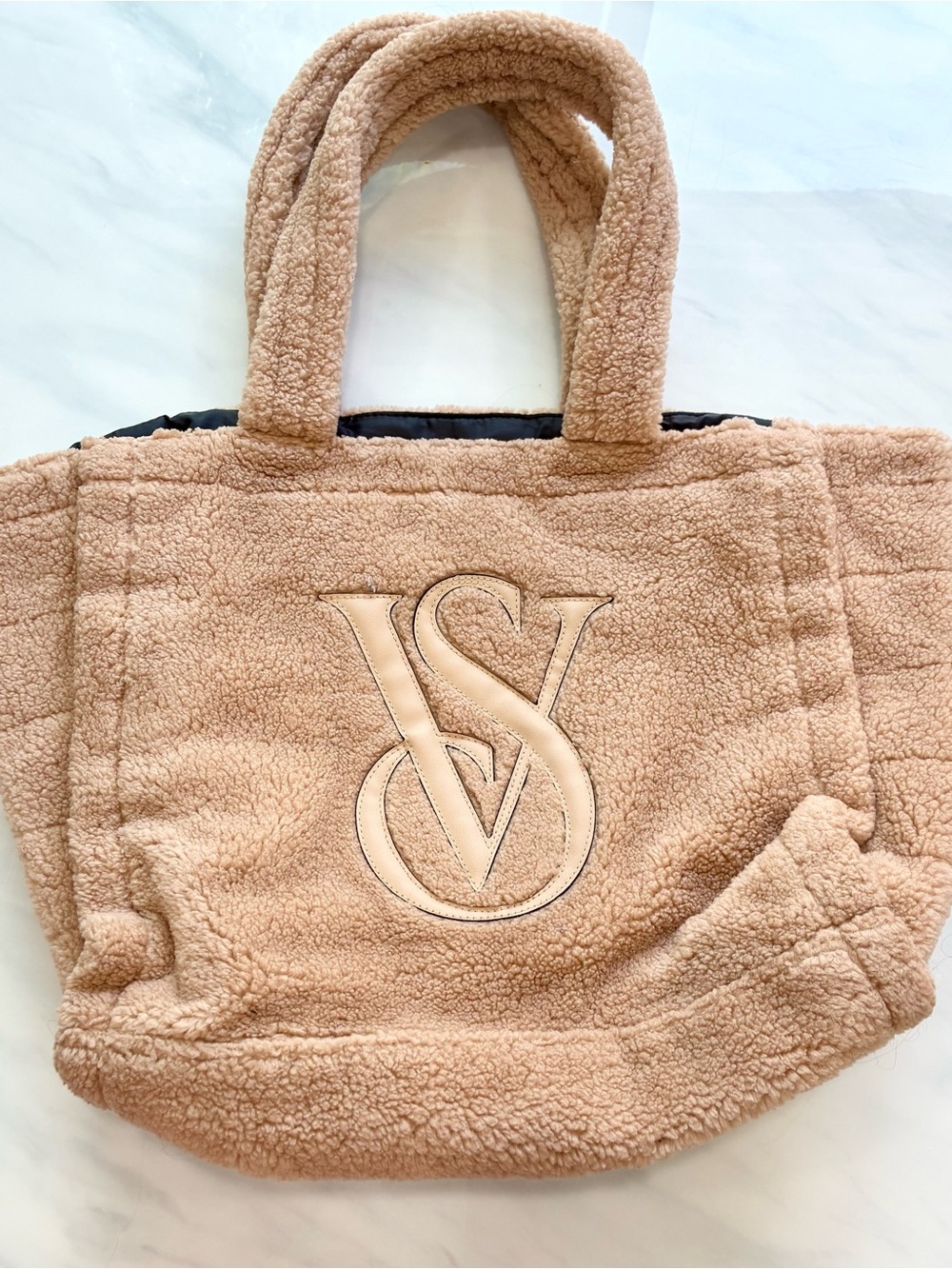 Victoria's Secret Tan Shearling Tote with Embroidered VS Logo